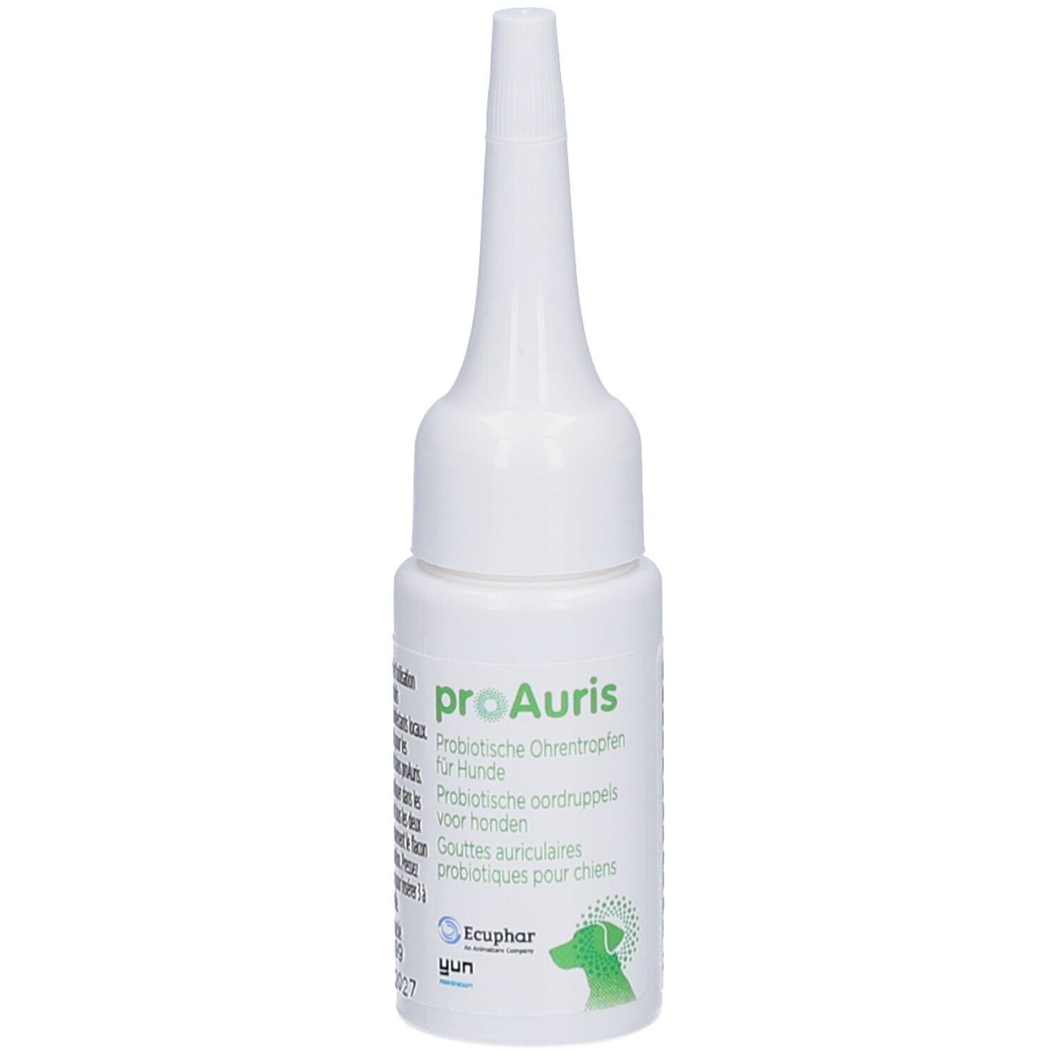 Weiße Flasche mit spitzer Spitze. Aufdruck: proAuris, Ohrentropfen für Hunde.