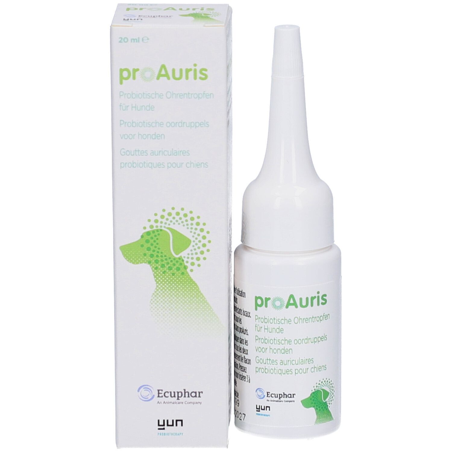Produktflasche und Verpackung. Aufdruck: proAuris, Ohrentropfen für Hunde, 20 ml.