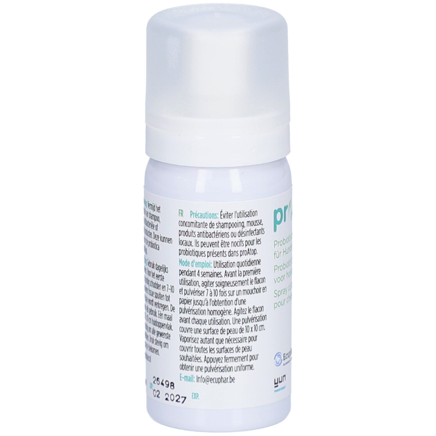 Weiße Sprühflasche mit Kappe. Text in Deutsch und Französisch. Enthält Produktinformationen und Warnhinweise.