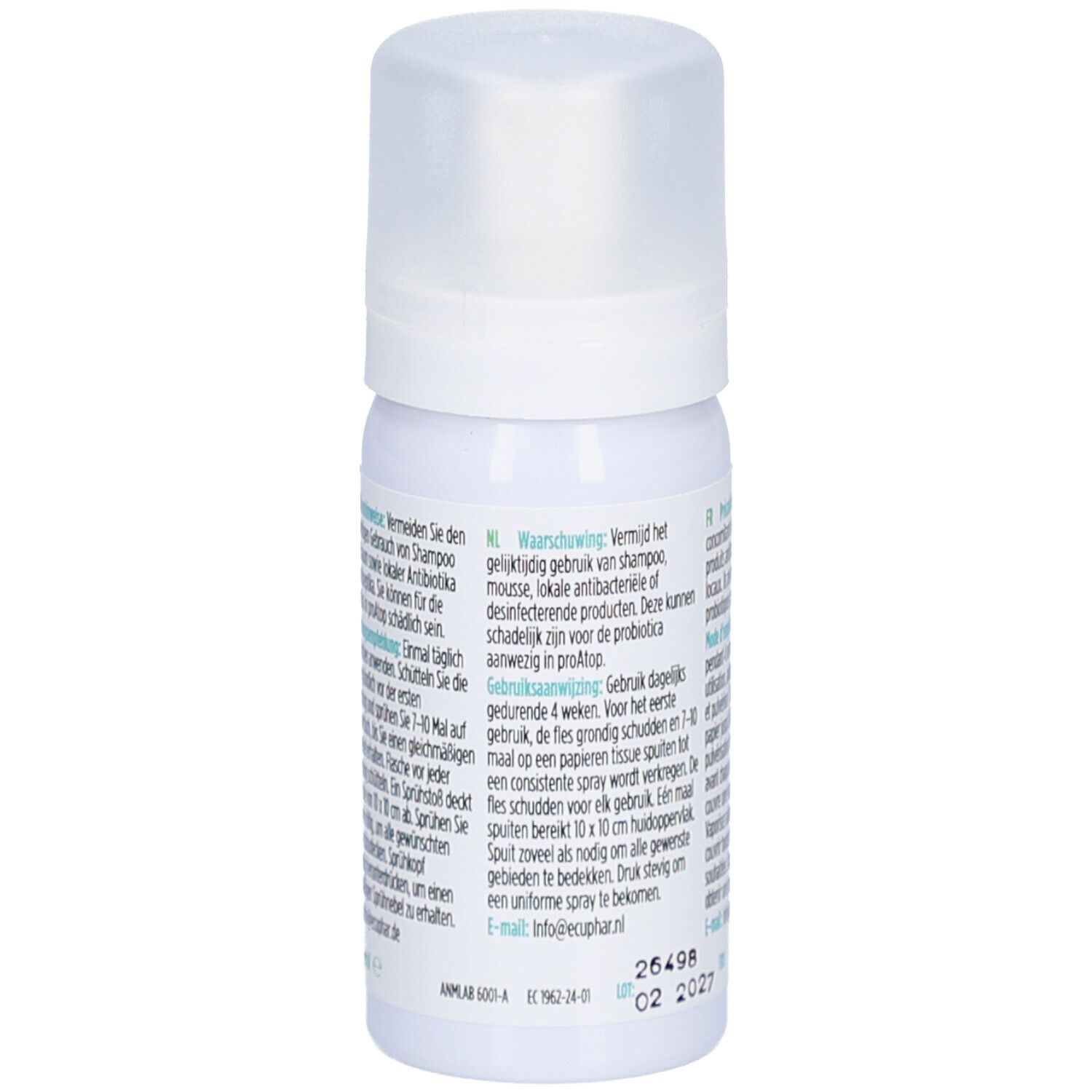 Weiße Sprühflasche mit Kappe. Text in Deutsch und Niederländisch. Enthält Produktinformationen und Warnhinweise.