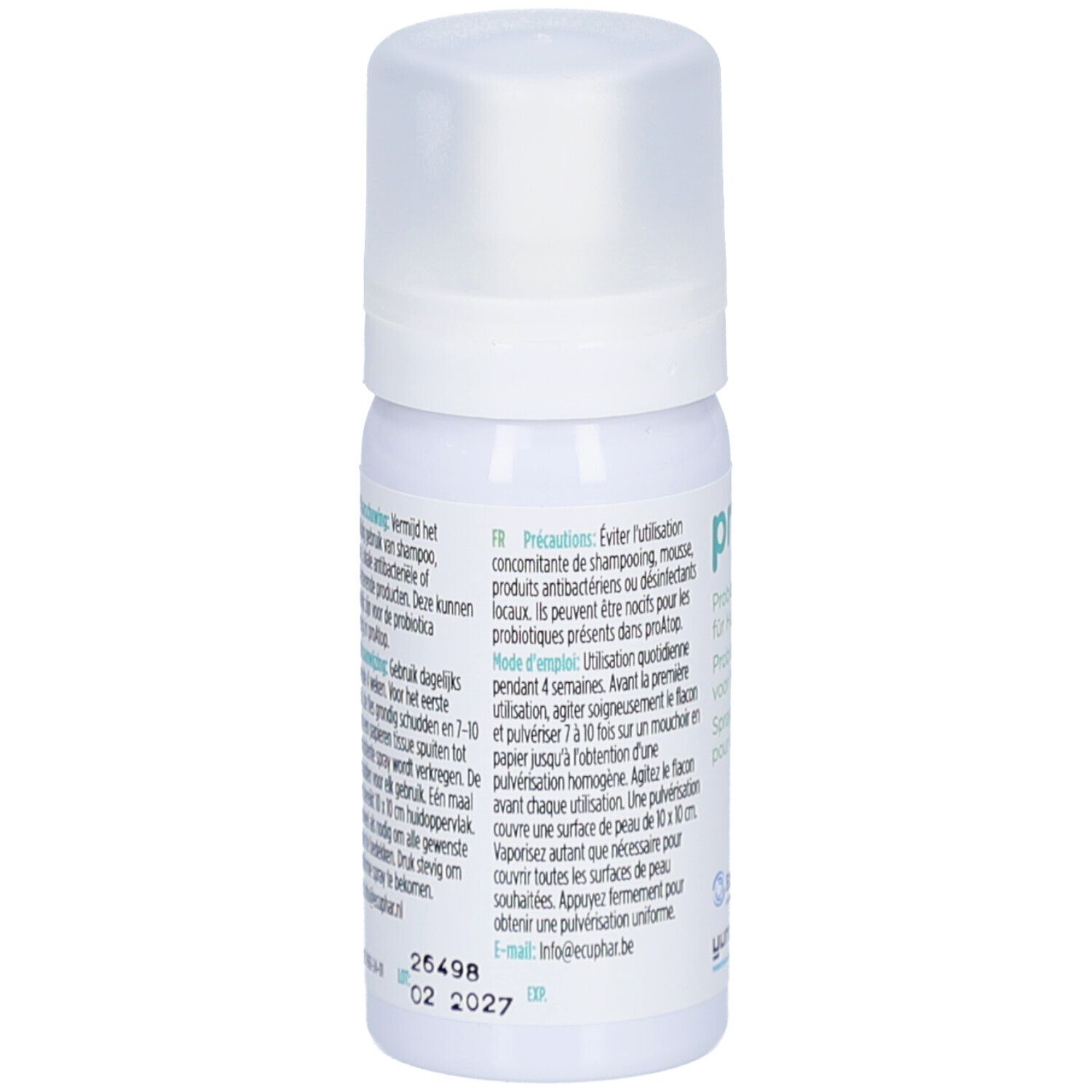 Weiße Sprühflasche mit Kappe. Text in Deutsch, Französisch und Niederländisch. Enthält Produktinformationen.