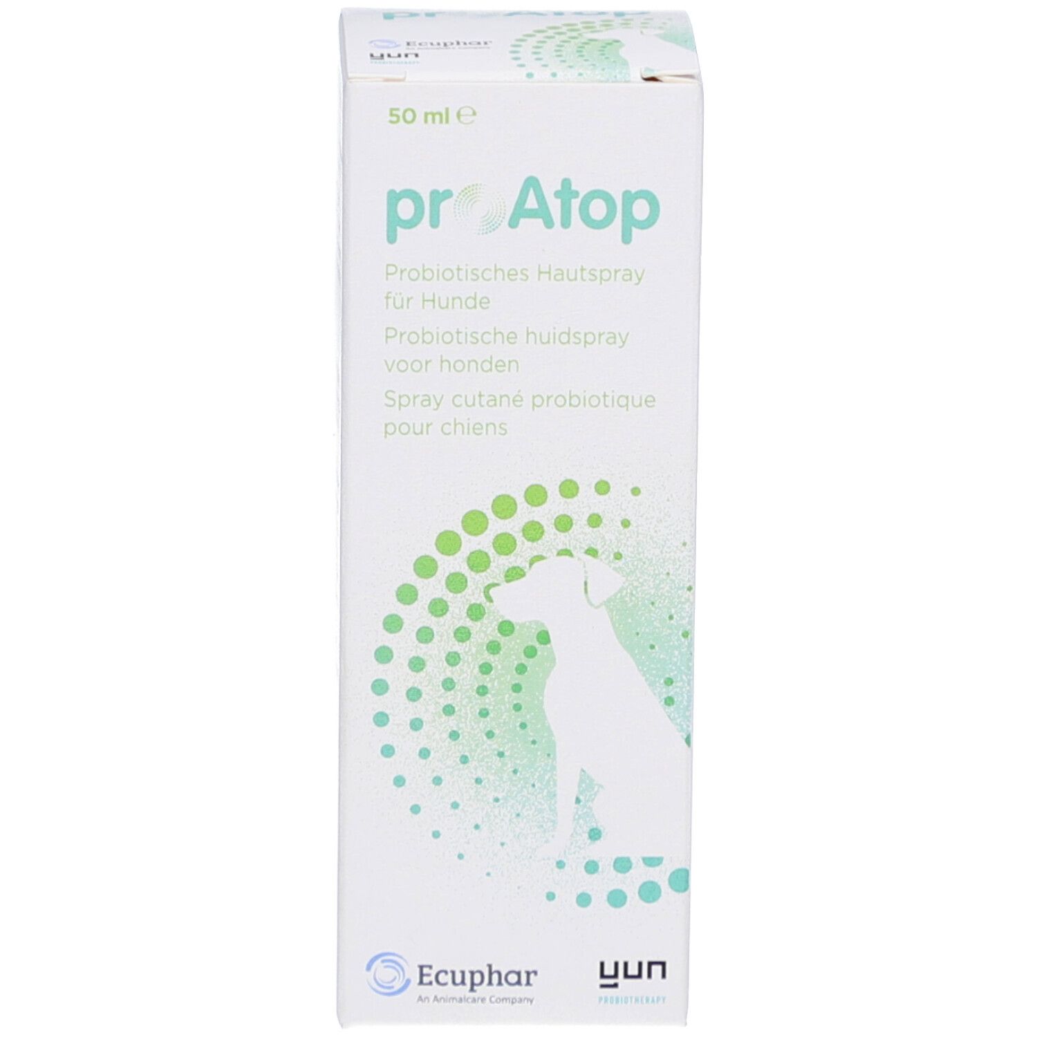 Produktverpackung: Schachtel. Produktname proAtop. Text in Deutsch, Niederländisch und Französisch. 50 ml.