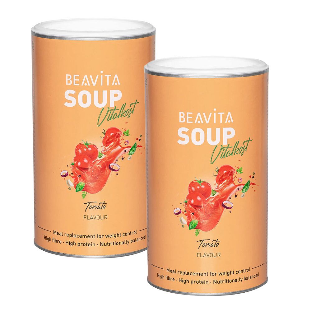 Zwei Dosen BEAVITA Suppe Vitalkost Tomate. Aufdruck mit Tomaten-Illustration. Text: Meal replacement for weight control, High fibre - High protein - Nutritionally balanced.