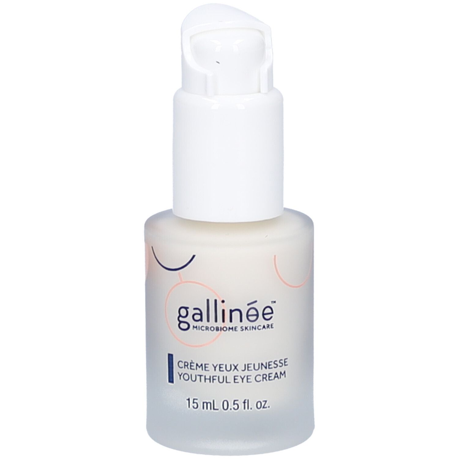 Weiße Flasche mit Pumpverschluss. Aufschrift: Gallinée, Crème Yeux Jeunesse, 15 ml.