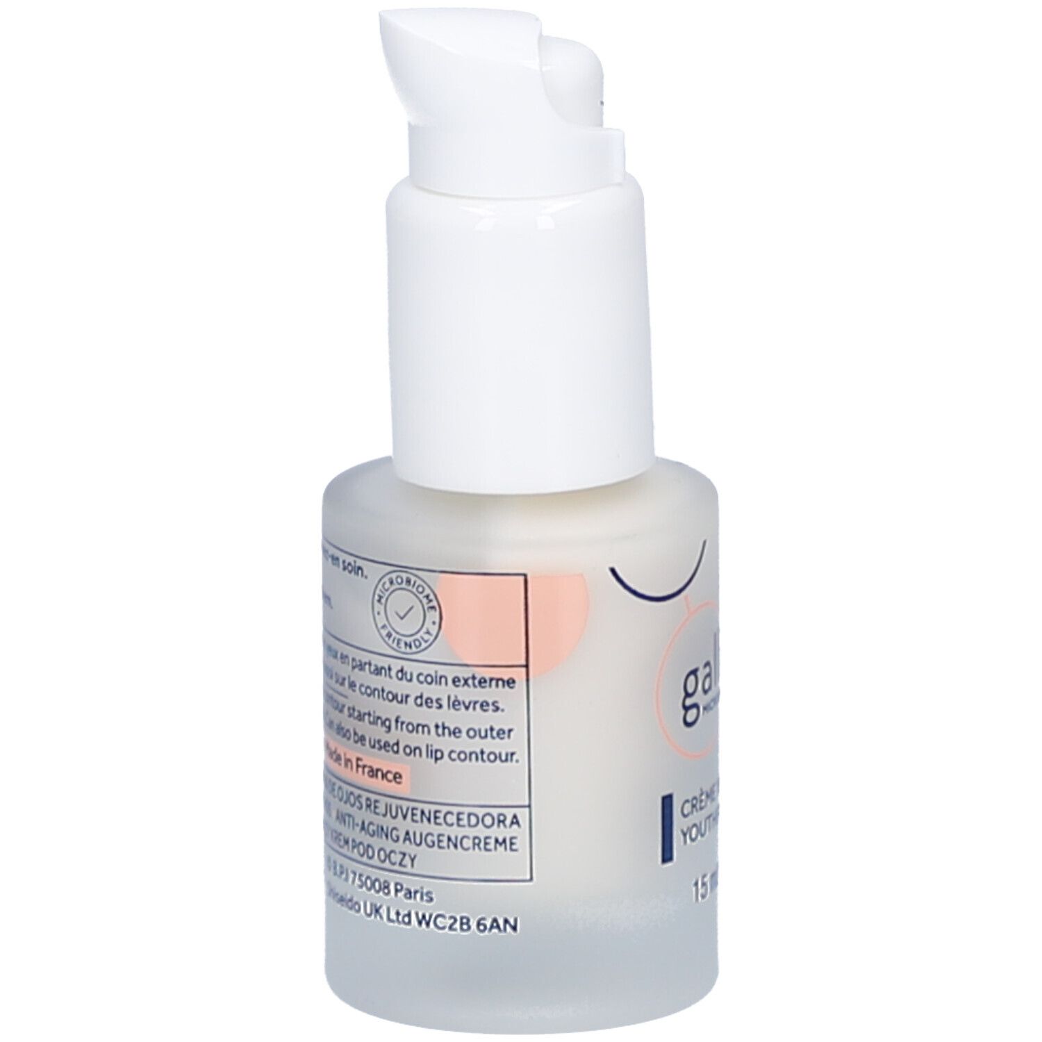 Weiße Flasche mit Pumpverschluss. Aufschrift: Gallinée. Text und Logos auf der Rückseite.