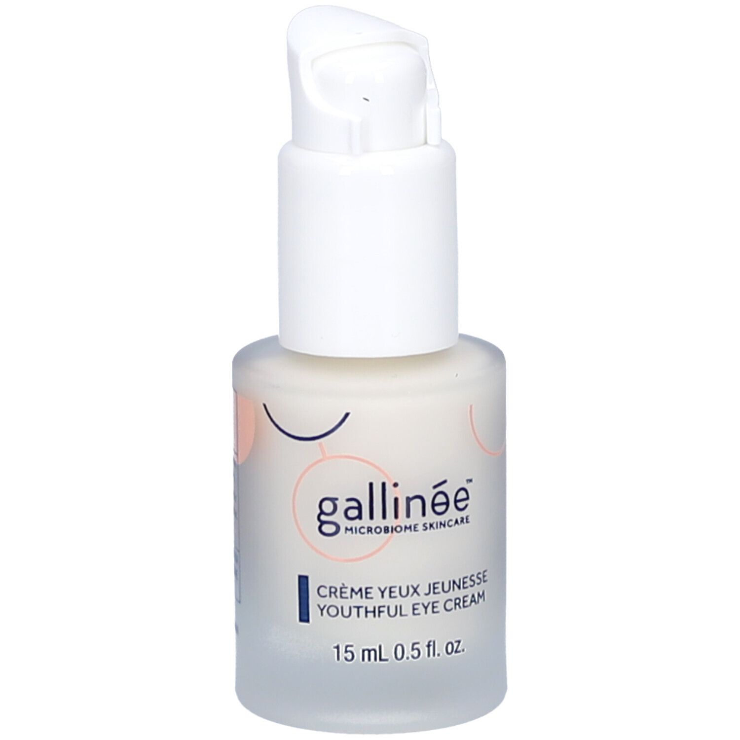 Weiße Flasche mit Pumpverschluss. Aufschrift: Gallinée, Crème Yeux Jeunesse, 15 ml.