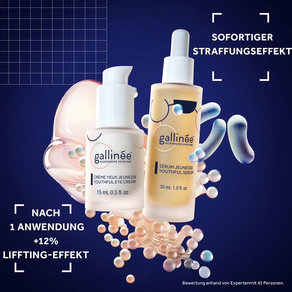 Zwei Flaschen: Gallinée Crème Yeux und Serum. Text: Nach 1 Anwendung, +12% Lifting-Effekt.