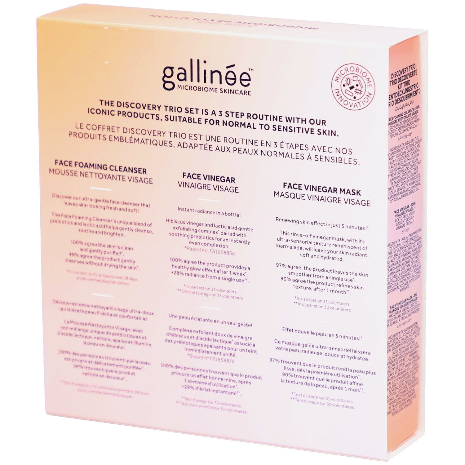 Rückseite der Geschenkbox mit Produktbeschreibungen. Enthält Informationen zu den Produkten und deren Anwendung. Logo sichtbar.