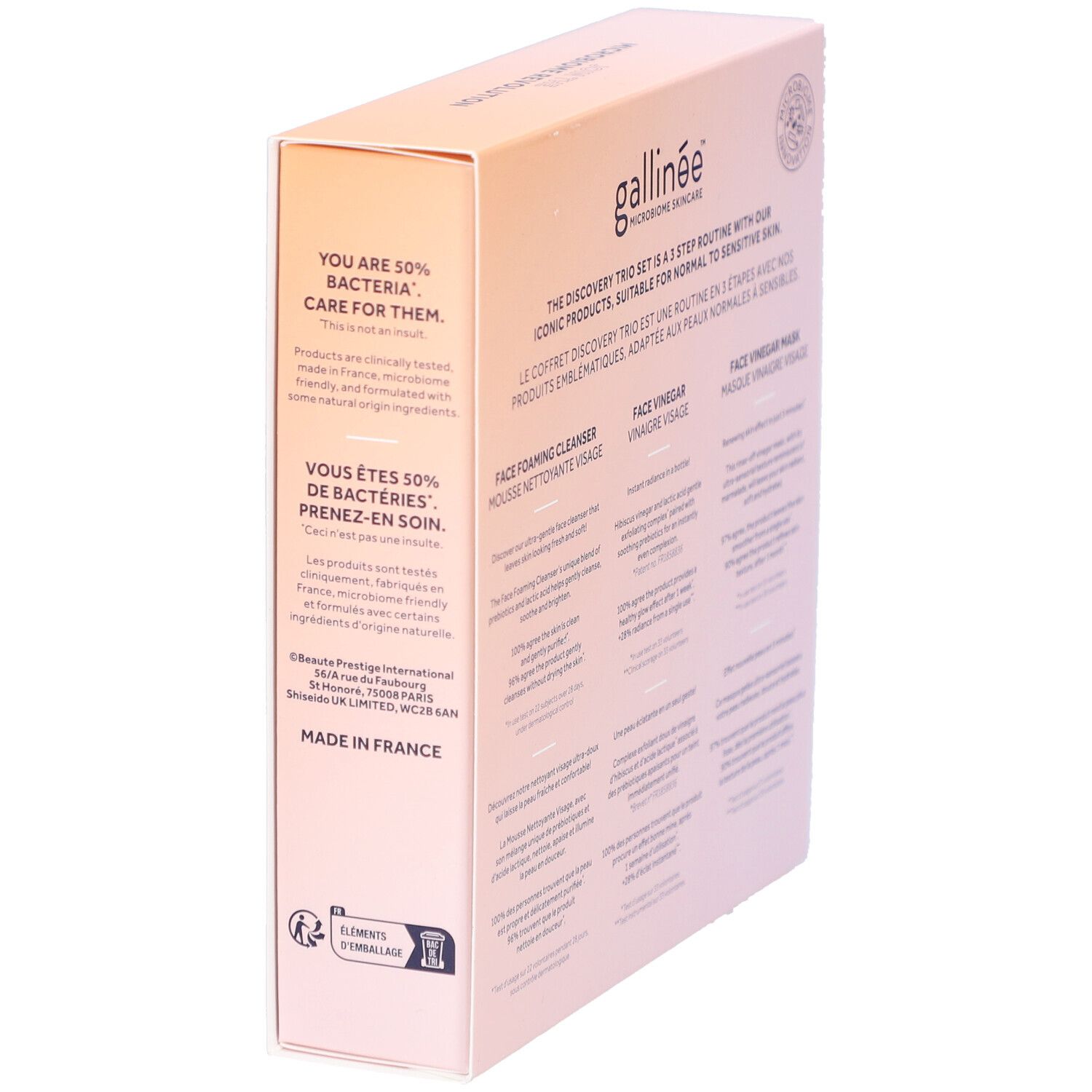 Seitenansicht der Geschenkbox mit Text. Enthält Informationen über die Inhaltsstoffe und die Herstellung. Logo und Herkunft.