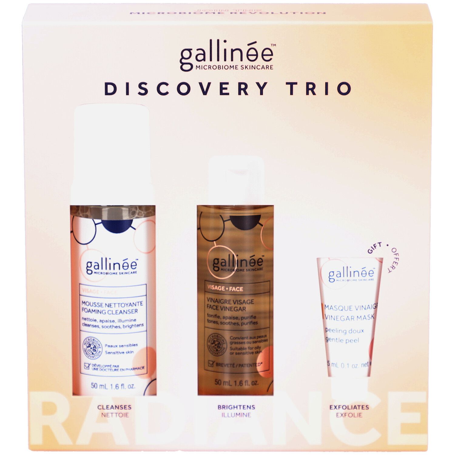 Geschenkbox mit drei Gallinée-Hautpflegeprodukten. Enthält Reiniger, Essig-Gesichtsmaske und Gesichtsmaske. Produktnamen sichtbar.