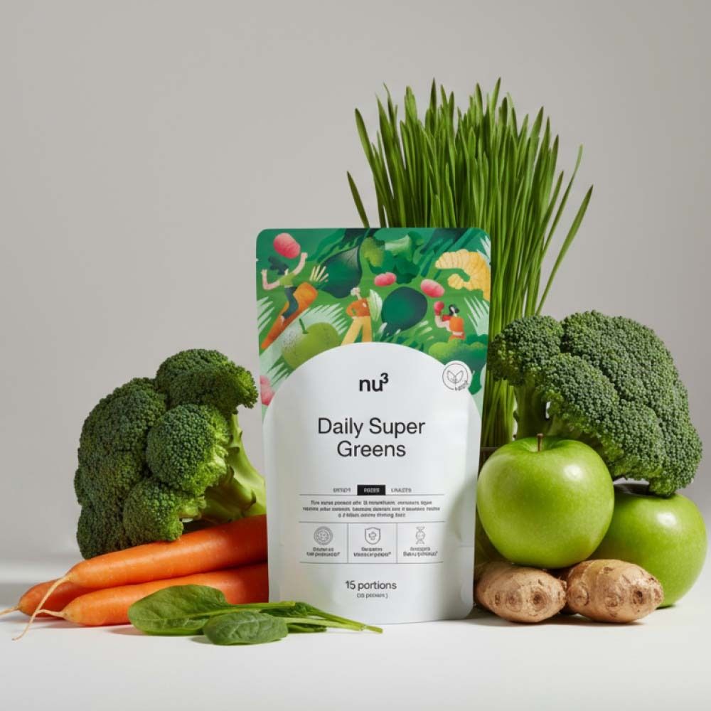 Produktverpackung von "nu3 Daily Super Greens" neben Gemüse und Gras. Beutel mit grünem Design und Text.