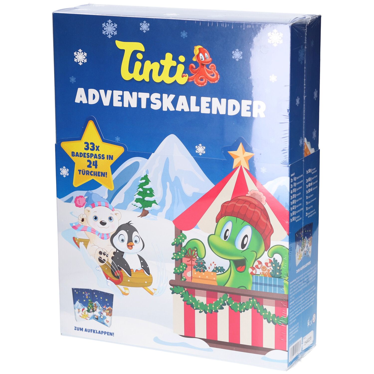 Tinti Adventskalender mit winterlicher Motiv-Vorderseite und niedlichen Tierfiguren.