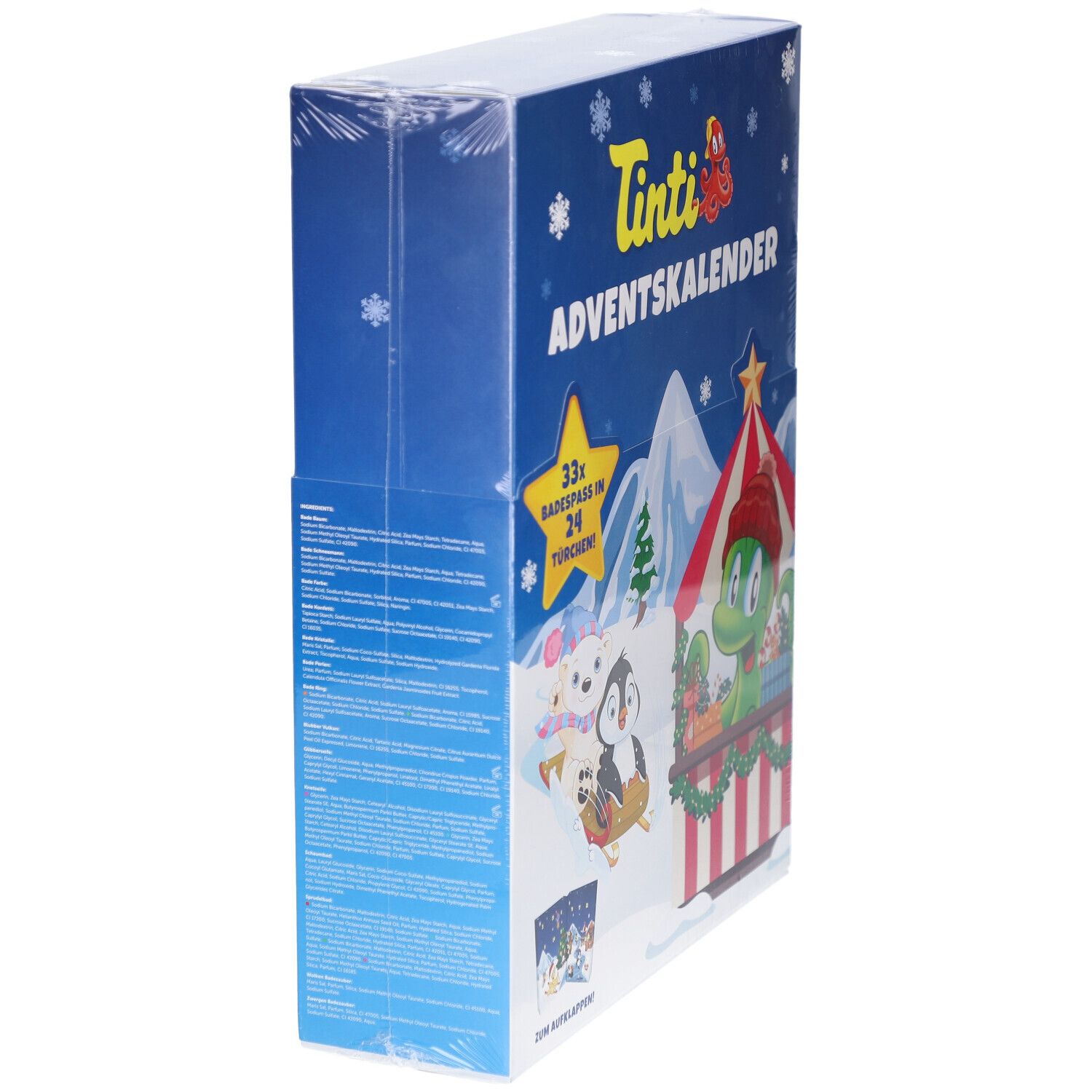 Seitenansicht des Tinti Adventskalenders mit detaillierten Produktinformationen und Inhaltsübersicht.