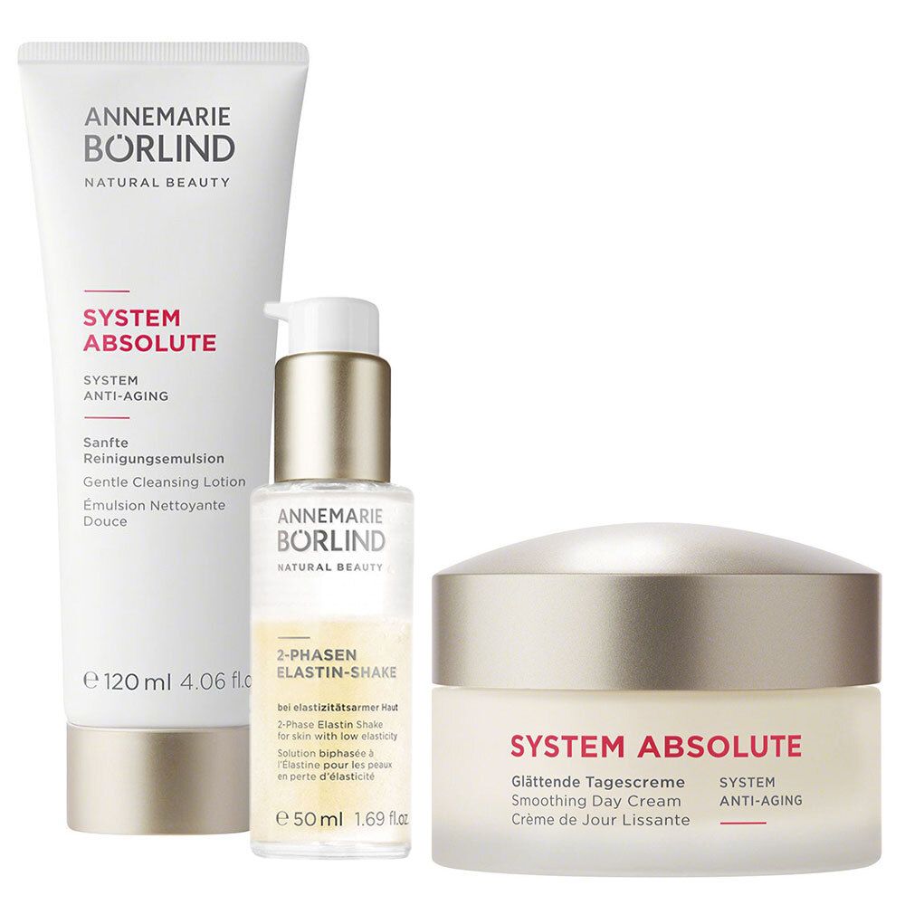 Drei Kosmetikprodukte: Reinigungs-Emulsion, 2-Phasen Elastin Shake und Tagescreme. Alle Produkte tragen den Schriftzug "ANNEMARIE BÖRLIND".