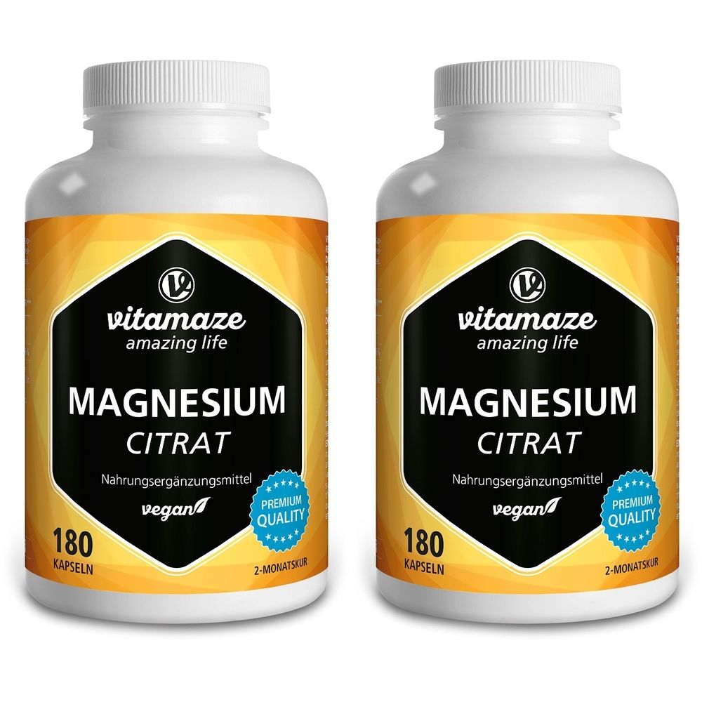 Zwei Flaschen Vitamaze Magnesiumcitrat. Schwarzes Etikett mit weißer Schrift. Enthält 180 Kapseln. Vegan und Premium Quality.