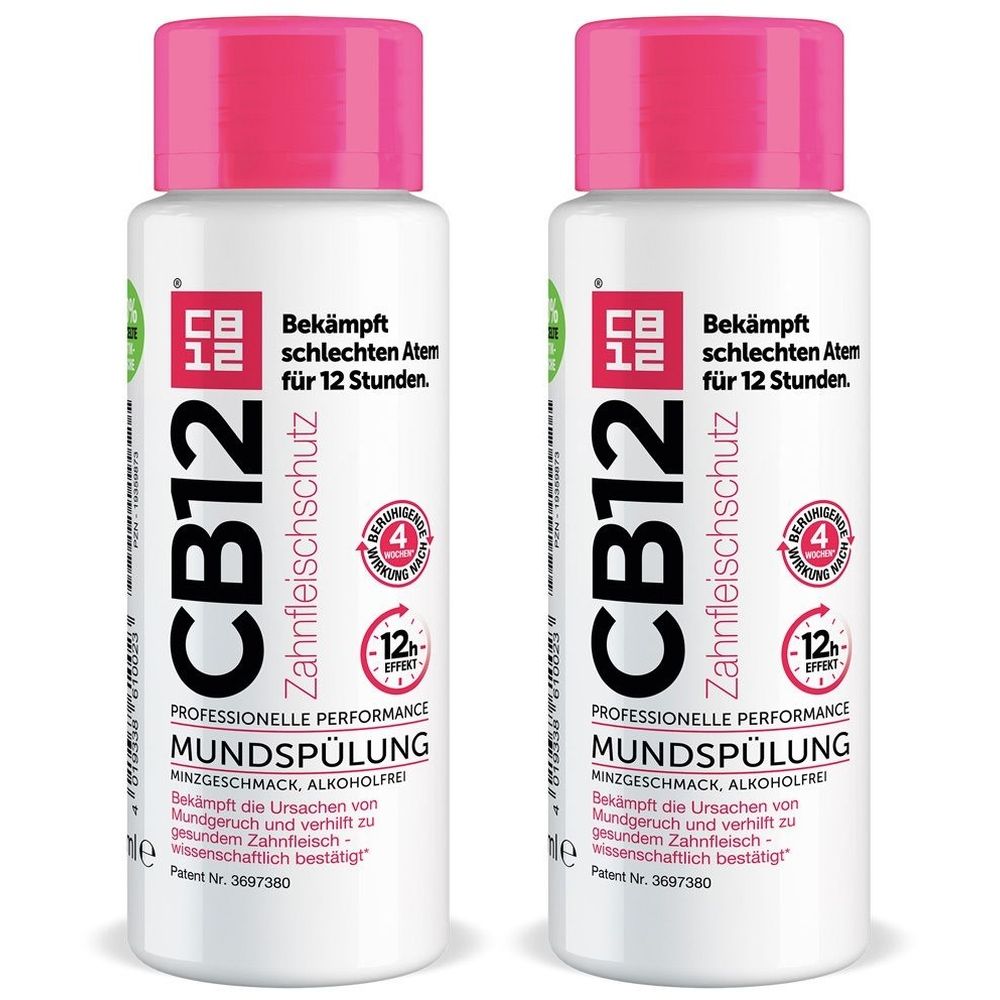 Zwei Flaschen CB12 Mundspülung. Weiß, mit pinkfarbenem Deckel. Schwarze Schriftzüge: CB12, Zahnfleischschutz, Mundspülung. Enthält Informationen zur Wirkung.