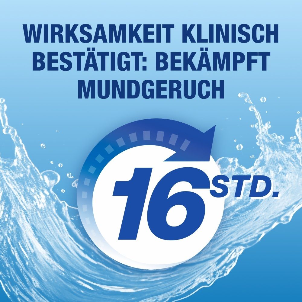 Grafik mit "16h" in einem Kreis und Wasserspritzern. Text: "Wirksamkeit klinisch bestätigt: Bekämpft Mundgeruch".