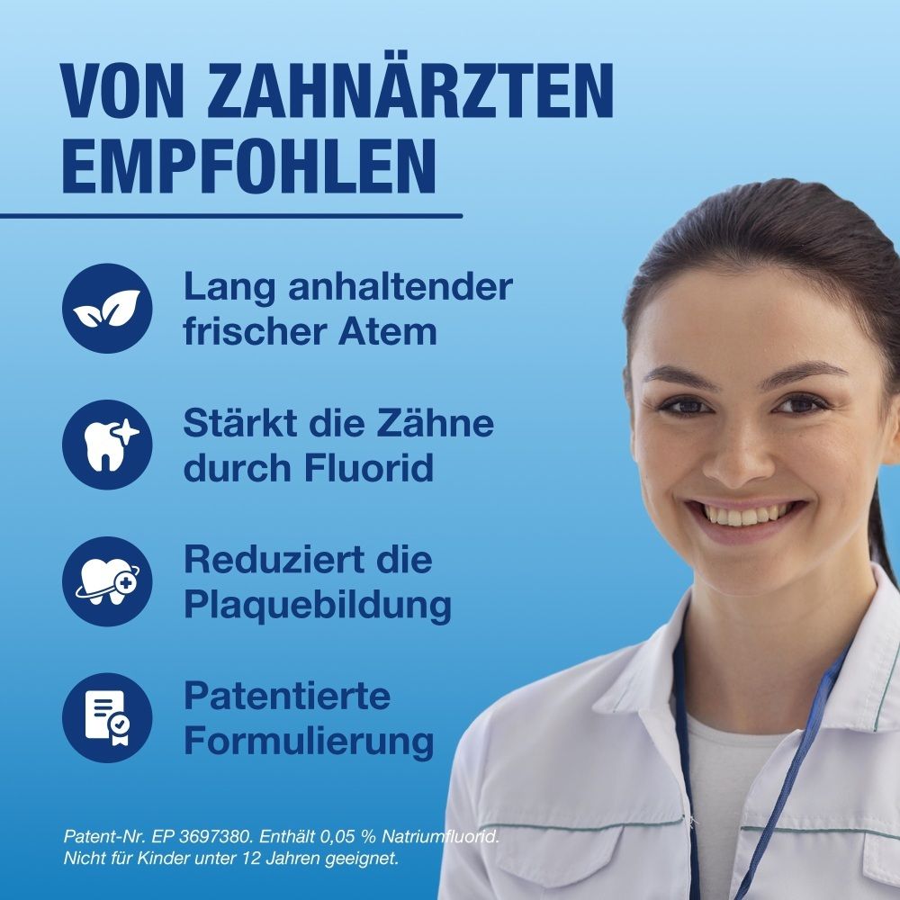Zahnärztin lächelt. Icons zeigen: frischer Atem, starke Zähne, reduzierte Plaque, patentierte Formel.