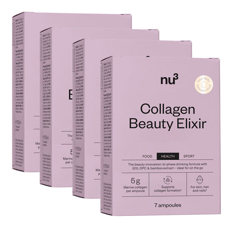 Mehrere Packungen „Collagen Beauty Elixir“ von nu3. Jede Packung enthält 7 Ampullen. Aufdrucke: 5g maritimes Kollagen, unterstützt die Kollagenbildung.