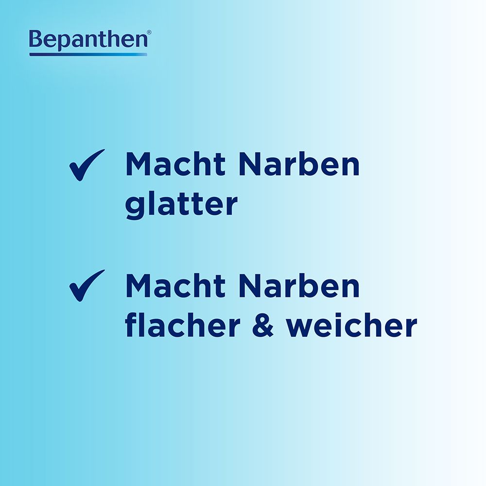 Text auf blauem Hintergrund: Macht Narben glatter, flacher & weicher. Bepanthen Logo.