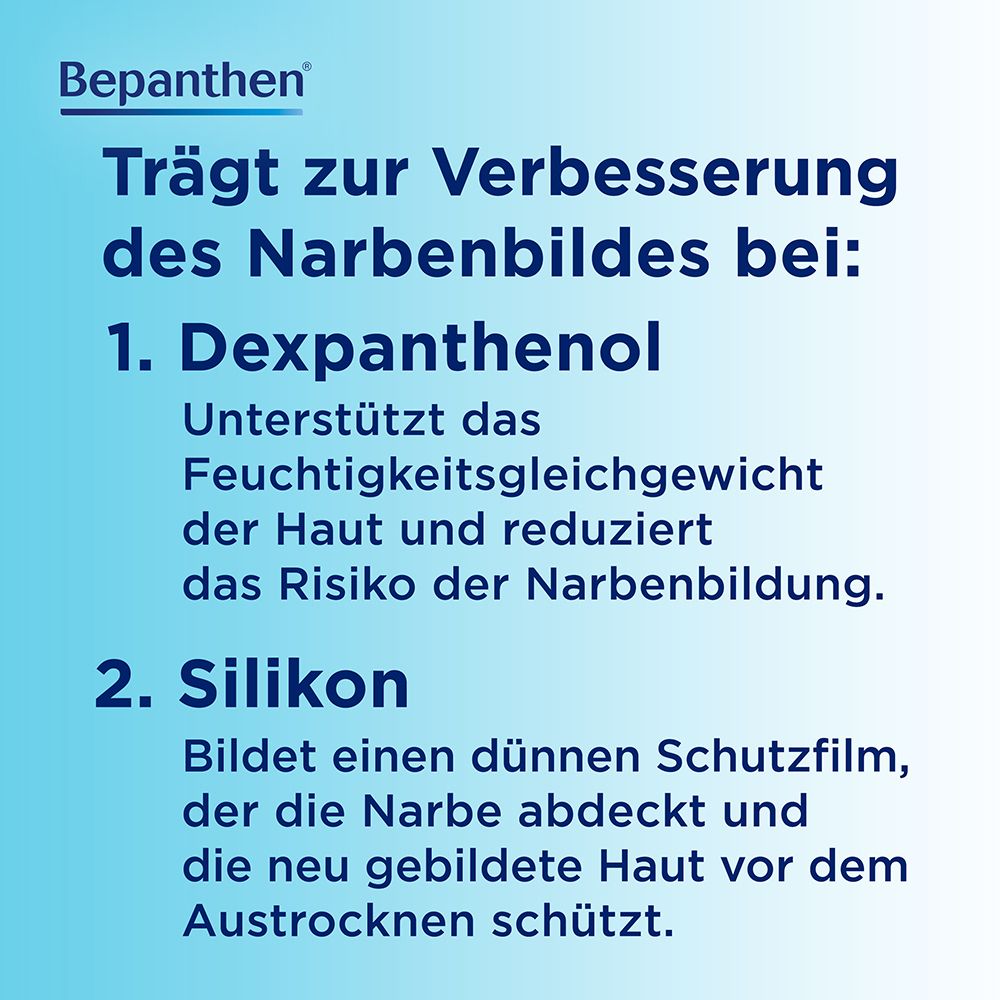 Text auf blauem Hintergrund: Trägt zur Verbesserung des Narbenbildes bei: 1. Dexpanthenol, 2. Silikon, 3. Massage-Roller.
