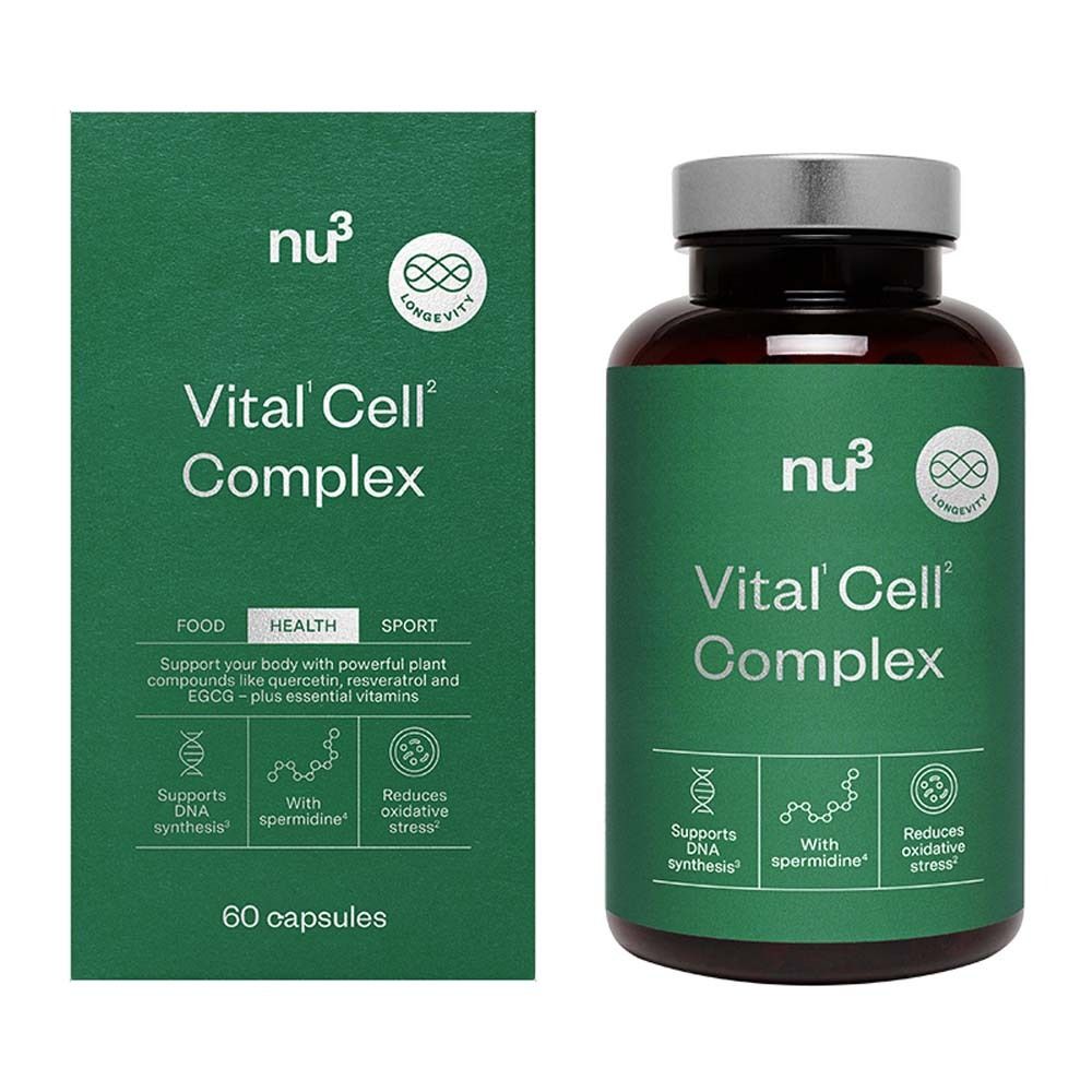 Grüne Dose und Flasche mit Kapseln. Aufschrift: nu3 Vital Cell Complex. Enthält 60 Kapseln. Mit Logos und Text.