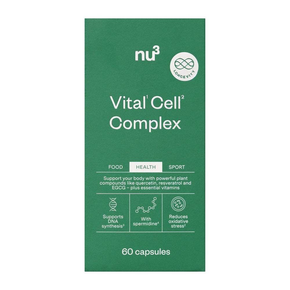 Grüne Schachtel mit Aufschrift: nu3 Vital Cell Complex. Enthält 60 Kapseln. Logos.