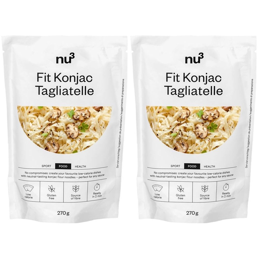 Zwei Beutel nu3 Fit Konjak-Tagliatelle. Aufdruck: Produktabbildung, Schriftzug, Nährwertangaben, 270g.
