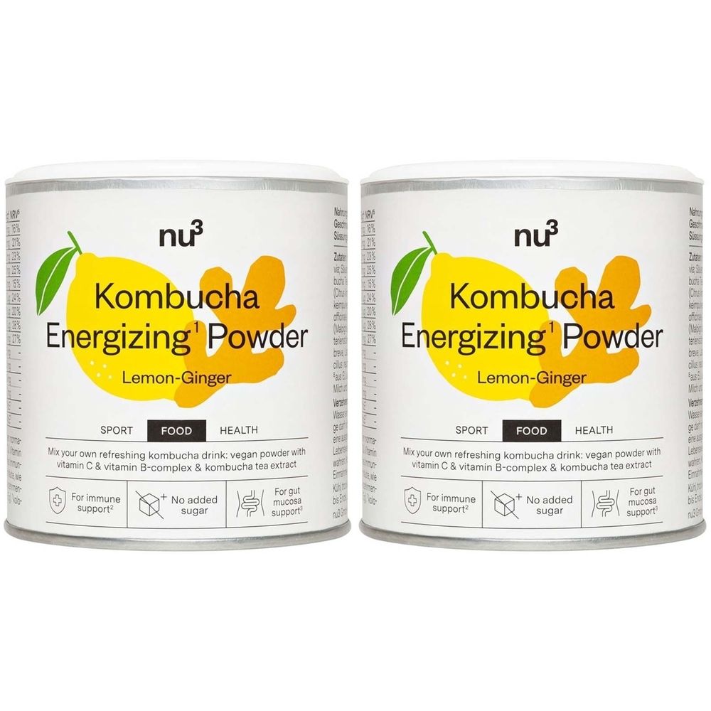 Zwei Dosen nu3 Kombucha Energizing Powder. Aufschrift: Zitrone-Ingwer. Mit Logo, Schriftzügen und Illustrationen.