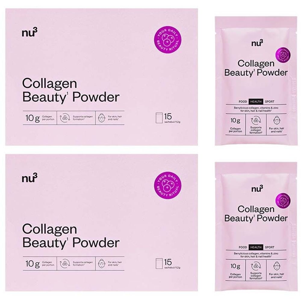 Rosa Verpackung mit "nu3 Collagen Beauty' Powder". 15 Sachets. Aufdrucke: 10g pro Portion, für Haut, Haar & Nägel.