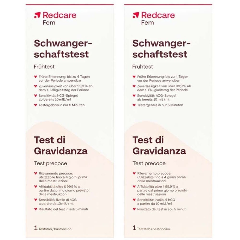 Zwei Packungen Schwangerschaftstest, weiß mit roter Schrift. Oben links Logo Redcare Fem. Text: Schwangerschaftstest, Test di Gravidanza.