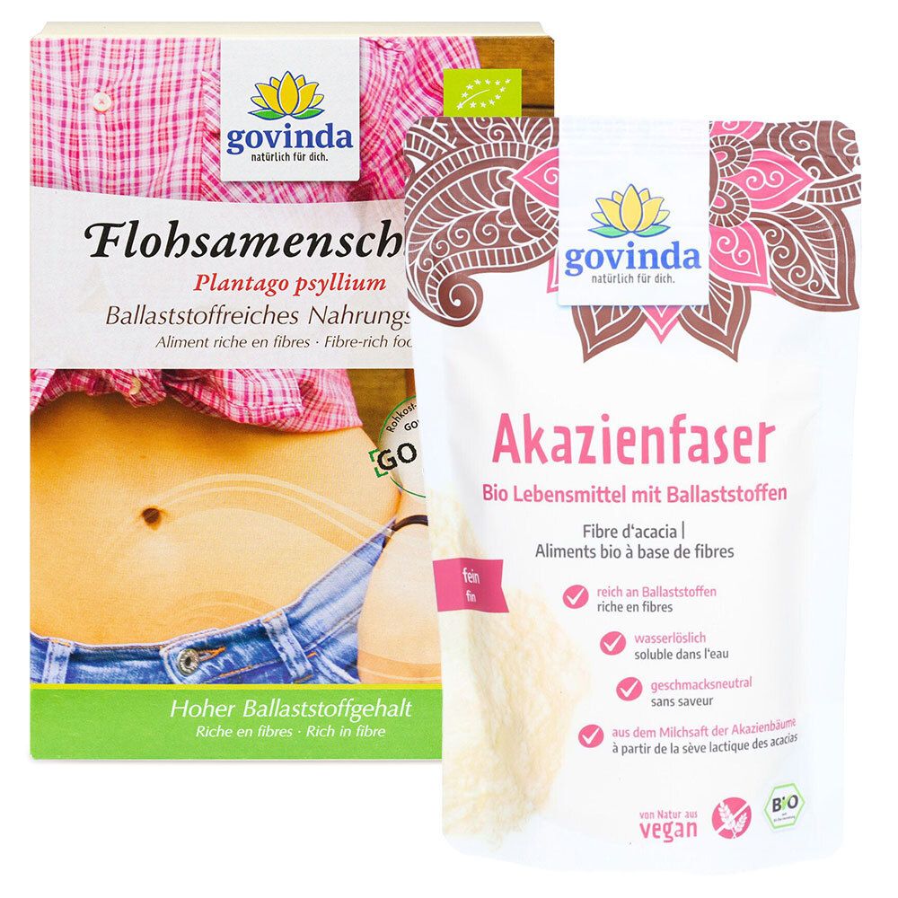 Verpackungen von Govinda Bio Flohsamenschalen und Akazienfaser. Beide Produkte tragen das Govinda-Logo und Bio-Siegel. Text: Flohsamenschalen, Akazienfaser.