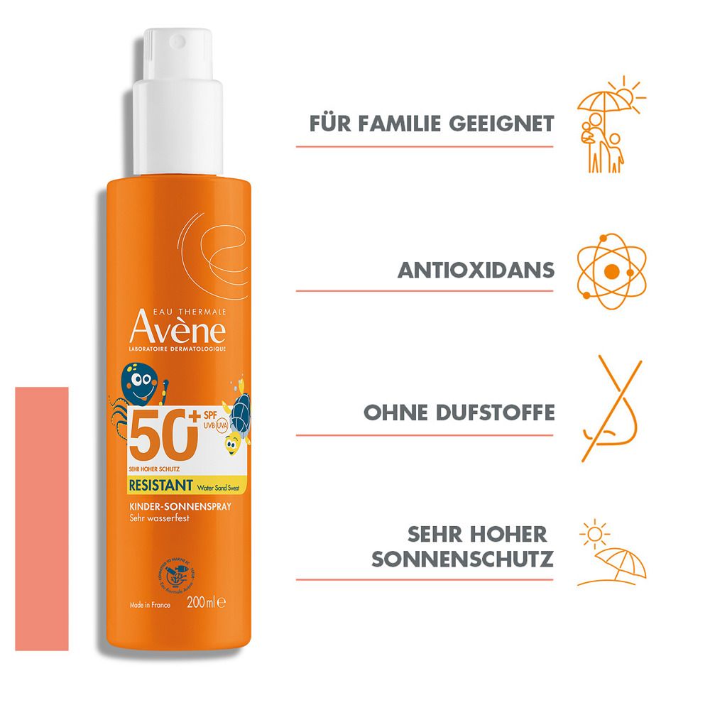 Orangefarbene Sprühflasche mit Text: "Eau Thermale Avène", "50+ SPF", "RESISTANT". Textfelder: Für Familie, Antioxidantien, ohne Duftstoffe, sehr hoher Sonnenschutz.