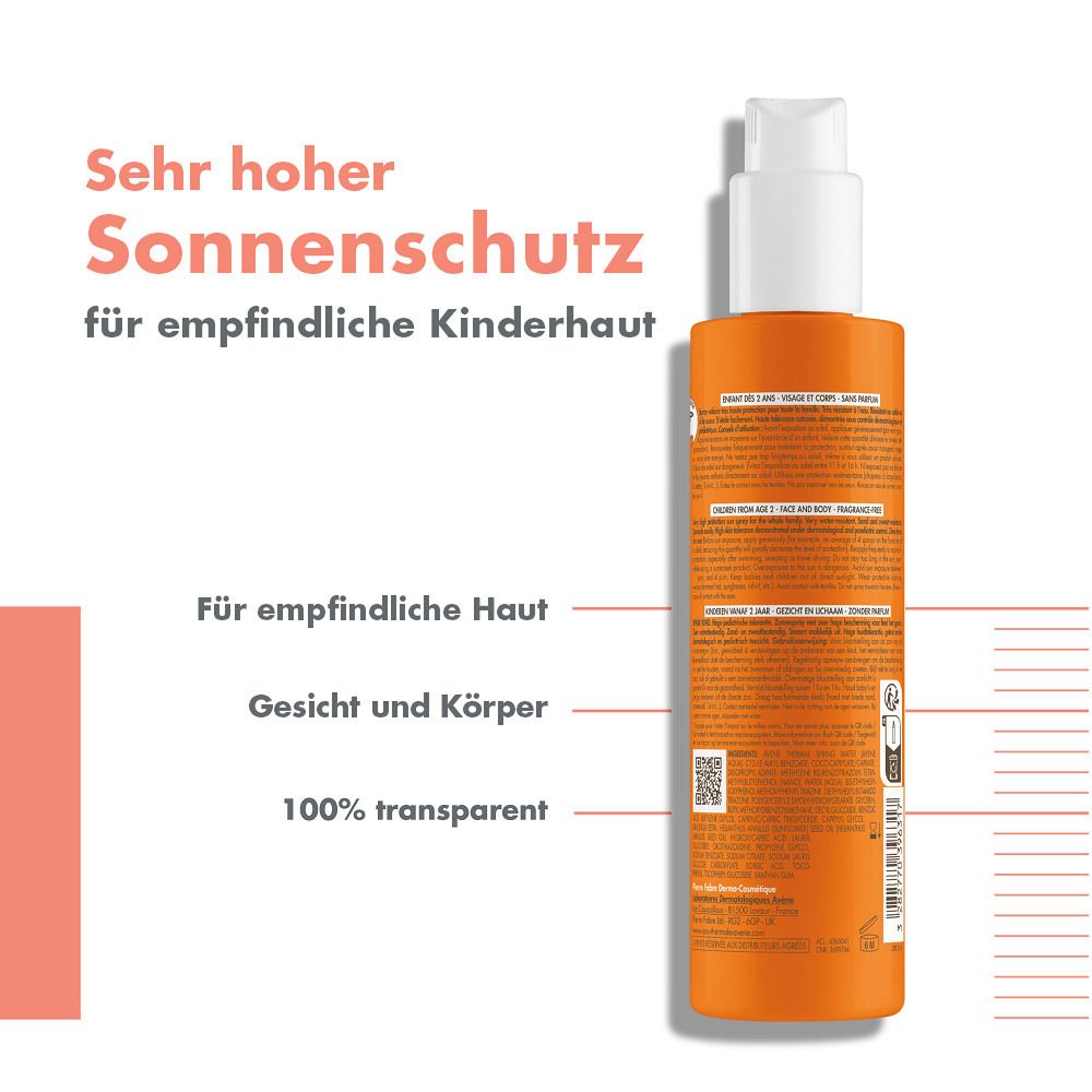 Orangefarbene Flasche mit weißem Sprühkopf. Text: Sehr hoher Sonnenschutz, für empfindliche Kinderhaut, Gesicht und Körper, 100% transparent.