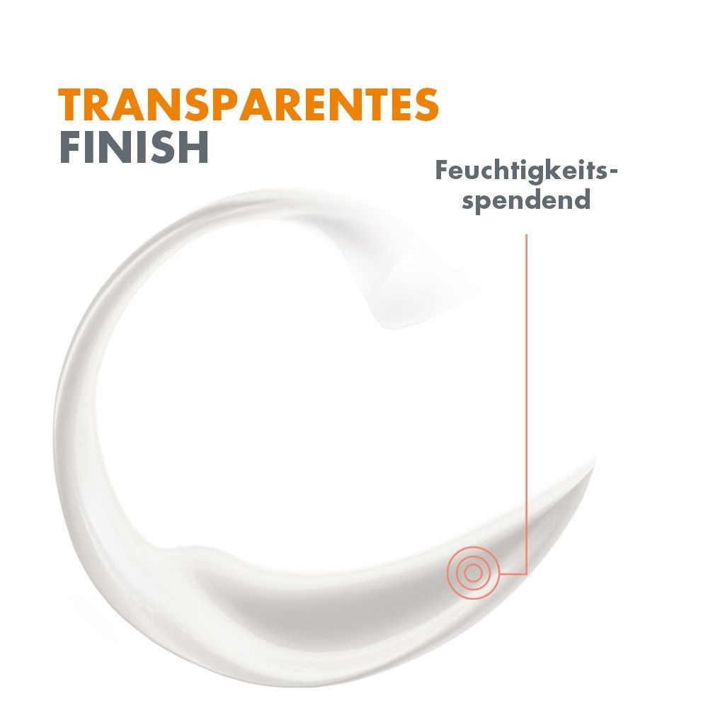 Weißer, cremiger Spritzer. Text: Transparentes Finish, feuchtigkeitsspendend.