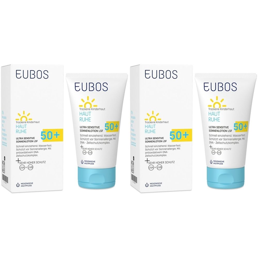 Sonnenlotion und Verpackung. Weiße Tube mit blauem Verschluss und Karton. Aufschrift: EUBOS, HAUT RUHE, 50+.