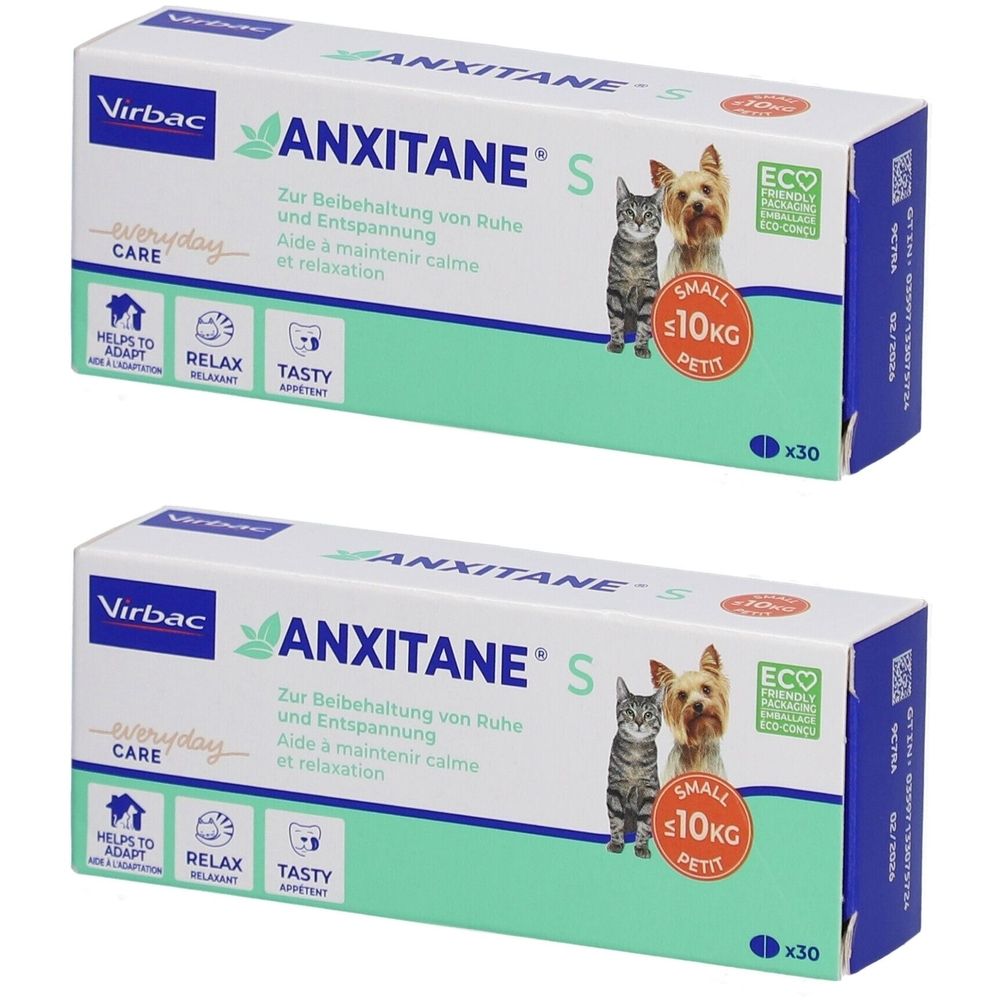 Zwei Schachteln Anxitane S. Weiße Verpackung mit Produktnamen, Logo und Abbildungen von Katze und Hund. Text in Deutsch und Französisch.