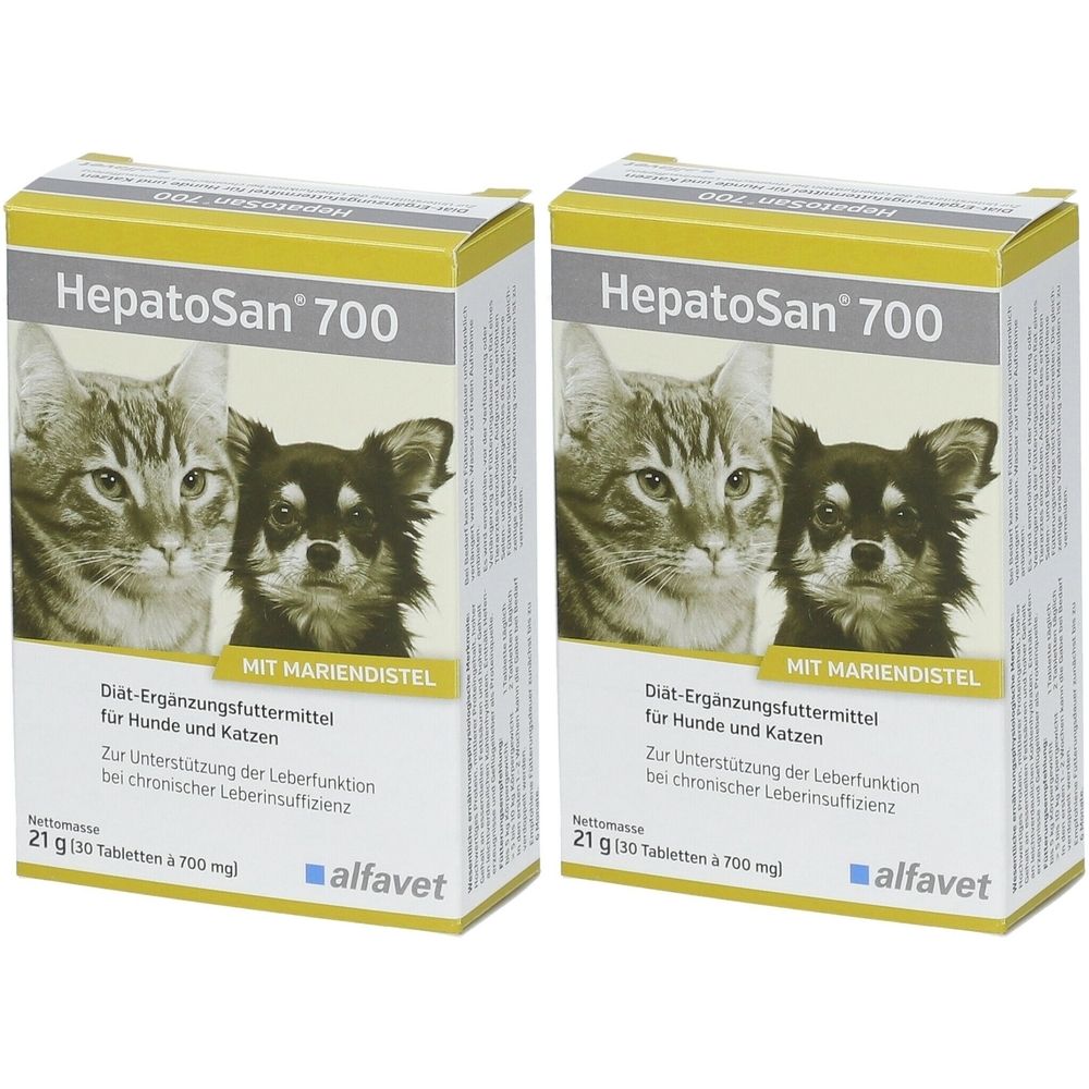 Zwei Schachteln HepatoSan® 700. Aufdruck: Katze und Hund, Mariendistel, Diät-Ergänzungsfuttermittel für Hunde und Katzen, alfavet.
