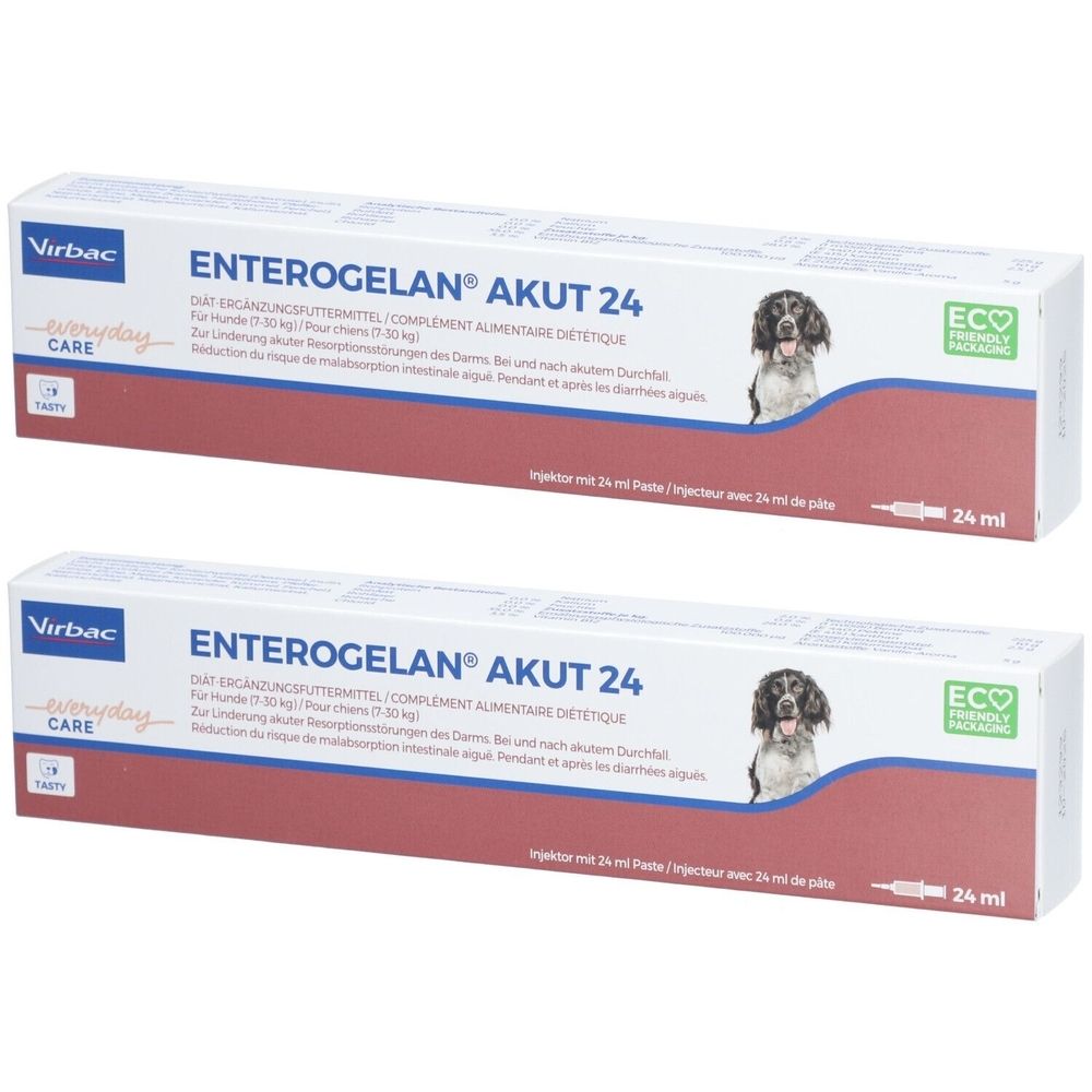 Zwei weiße Kartons mit der Aufschrift ENTEROGELAN® AKUT 24, dem Virbac-Logo und einem Hundebild. Aufdruck: 24 ml.