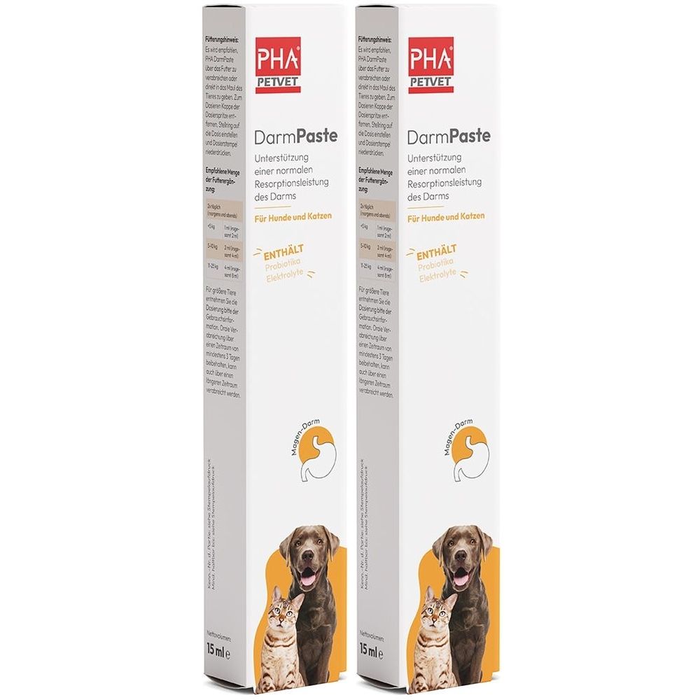 Zwei Tuben mit weißer Verpackung. Aufschrift: PHA PETVET DarmPaste. Illustration von Hund und Katze. Enthält Präbiotika.