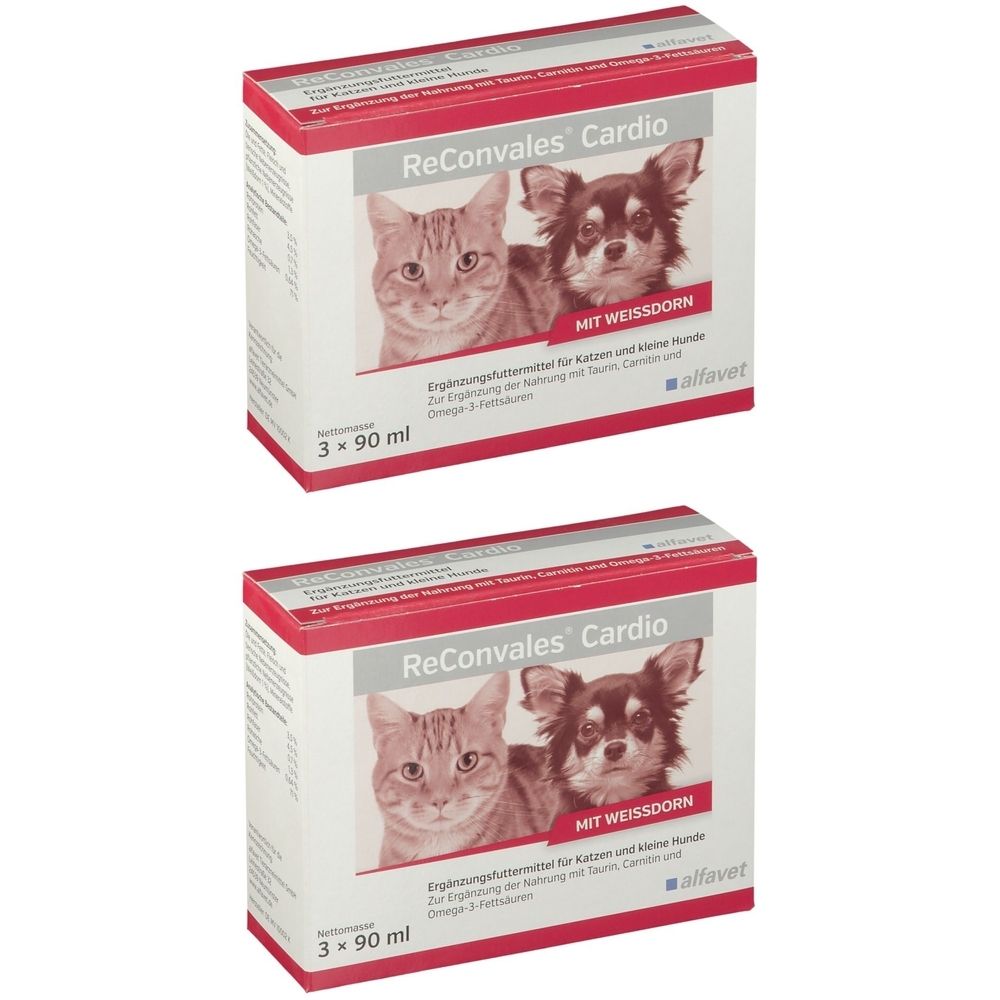 Zwei Kartons ReConvales Cardio. Aufdruck: Katze und Hund, "MIT WEISSDORN", 3 x 90 ml. Marke: alfavet.