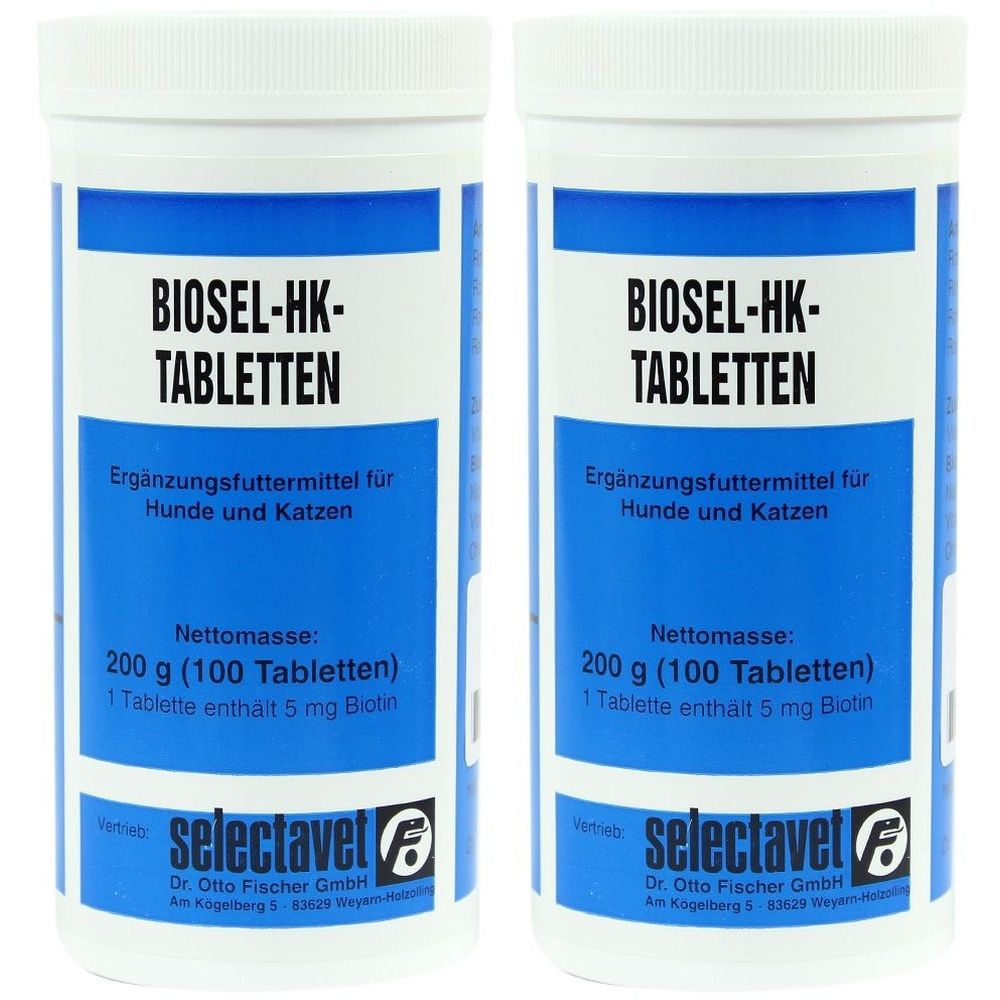 Zwei weiße Tablettenbehälter mit blauem Etikett. Aufschrift: BIOSEL-HK-TABLETTEN. Ergänzungsfuttermittel für Hunde und Katzen. Marke: selectavet.