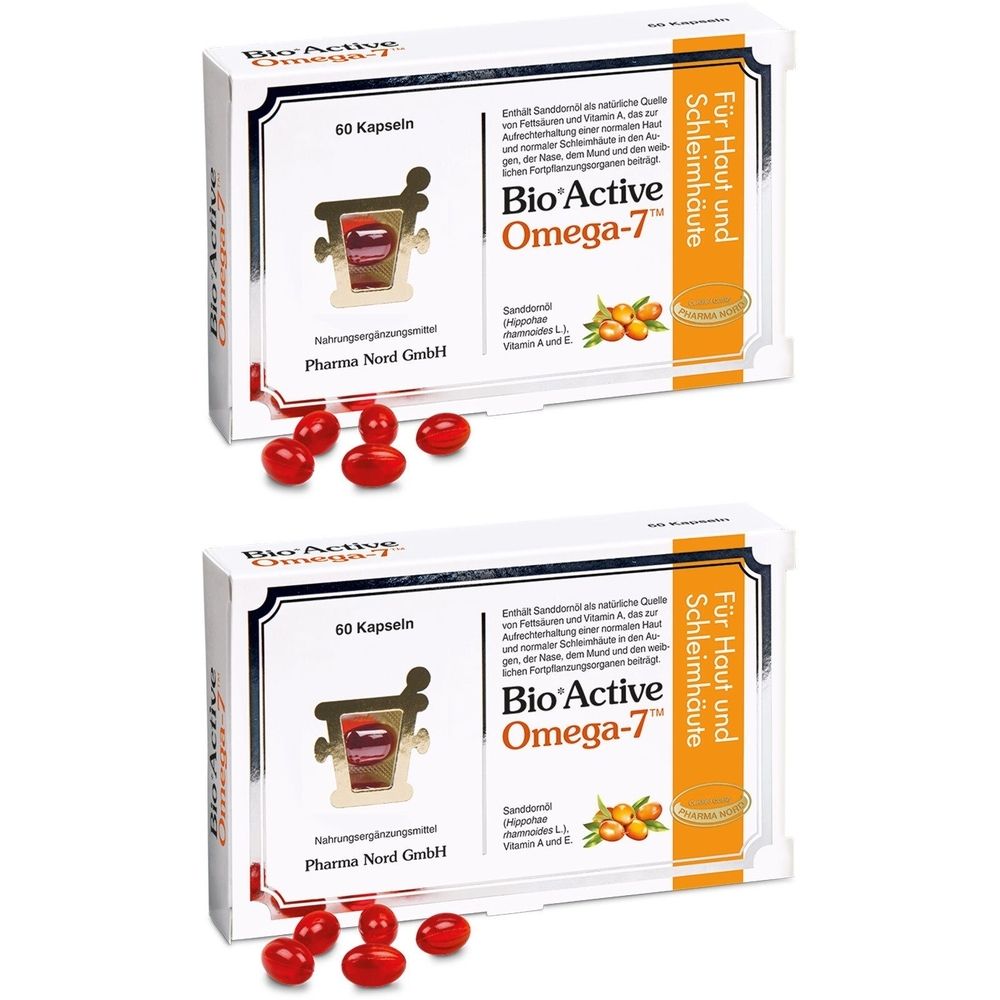 Zwei Schachteln mit Kapseln. Aufschrift: Bio Active Omega-7. 60 Kapseln. Für Haut und Schleimhäute. Rote Kapseln liegen daneben.