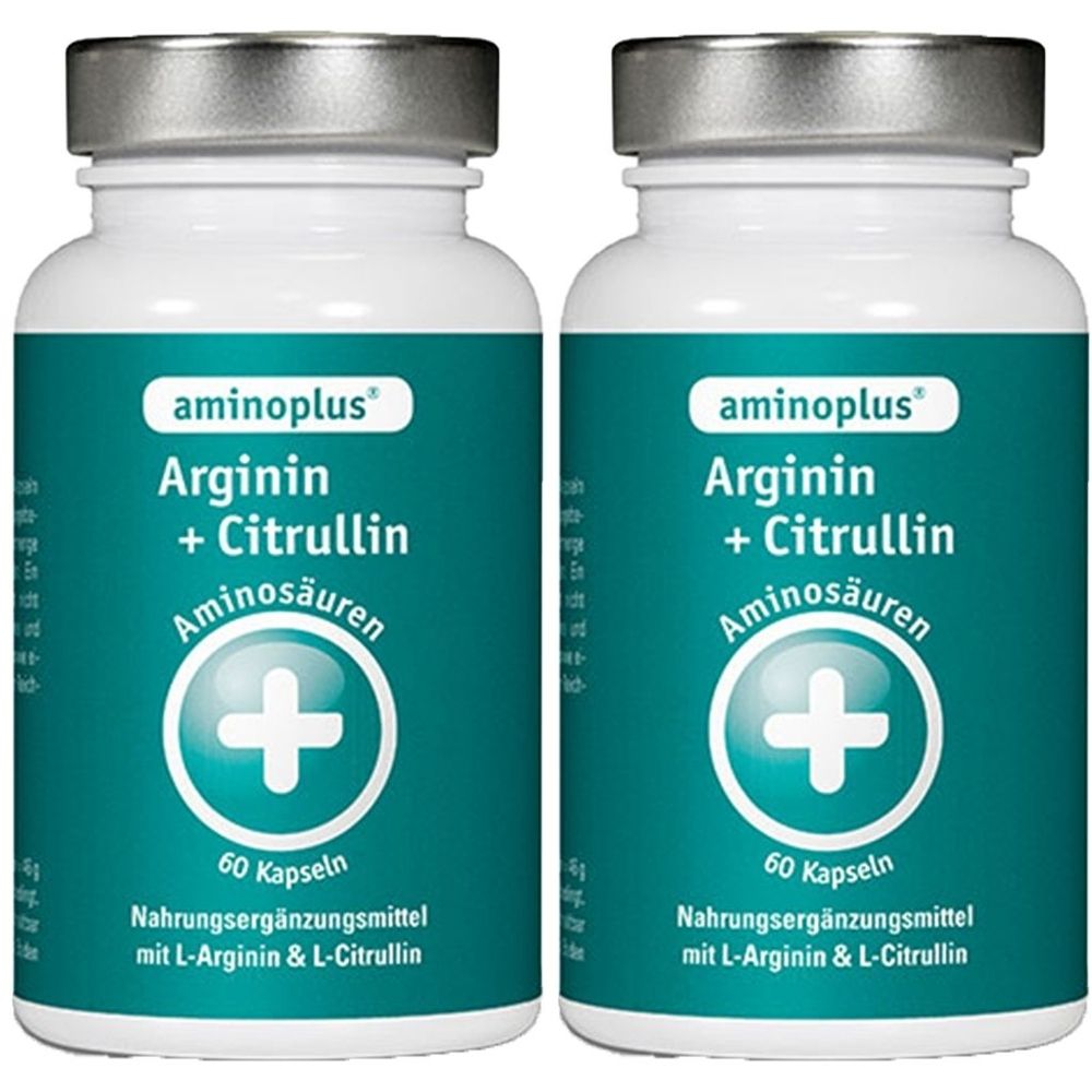 Zwei weiße Flaschen mit silbernen Deckeln. Auf den Flaschen steht "aminoplus Arginin + Citrullin Aminosäuren". Jede Flasche enthält 60 Kapseln.