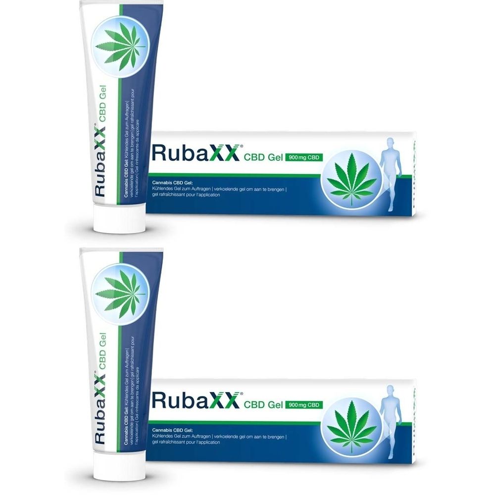 Zwei Tuben und eine Schachtel mit dem Produkt RubaXX CBD Gel. Auf der Tube und der Schachtel ist ein grünes Hanfblatt abgebildet.