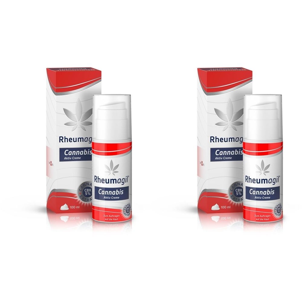 Zwei weiße Cremes mit rotem Akzent und Kartons. Aufschrift: RHEUMAGIL Cannabis Aktiv Creme. CBD 5%.