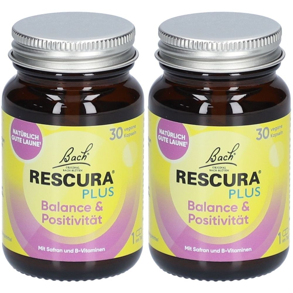 Zwei Flaschen mit Kapseln. Aufschrift: RESCURA PLUS Balance & Positivität. Mit Safran und B-Vitaminen. 30 Kapseln.