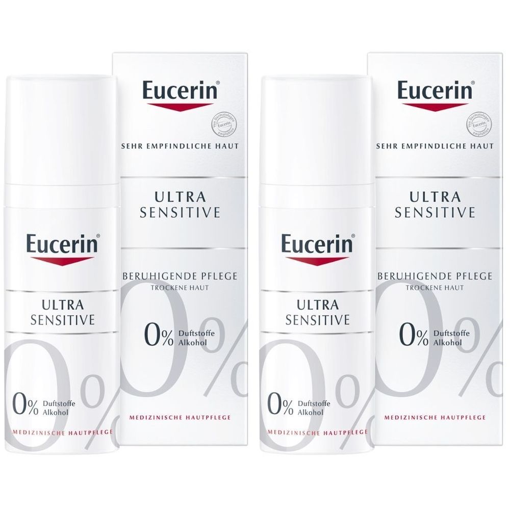 Mehrere weiße Flaschen mit Eucerin-Logo und Text. Aufschrift: Ultra Sensitive, beruhigende Pflege, 0% Duftstoffe, 0% Alkohol.