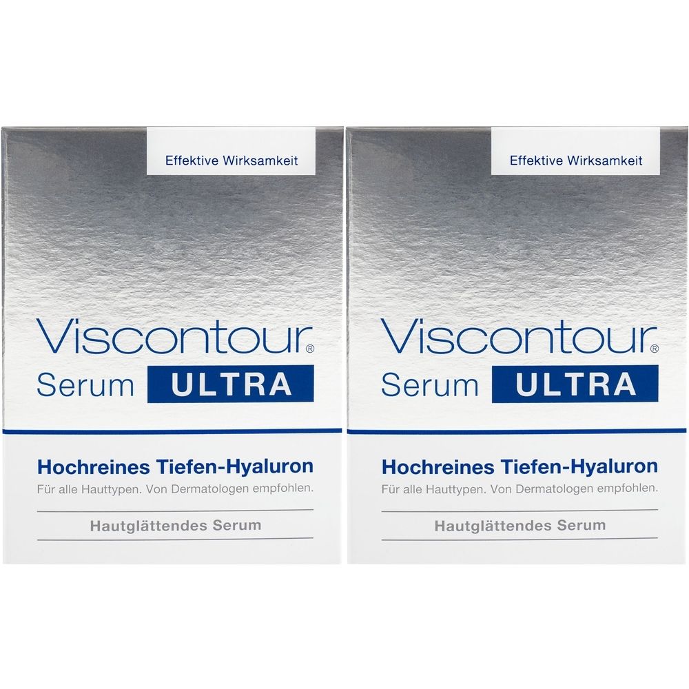 Zwei Schachteln Viscontour Serum Ultra. Aufschrift: Hochreines Tiefen-Hyaluron, Hautglättendes Serum. Effekte Wirksamkeit.