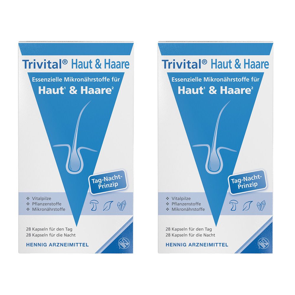 Zwei Packungen Trivital® Haut & Haare. Weiße Schachteln mit blauem Logo und Produktinformationen. Enthält 28 Kapseln.